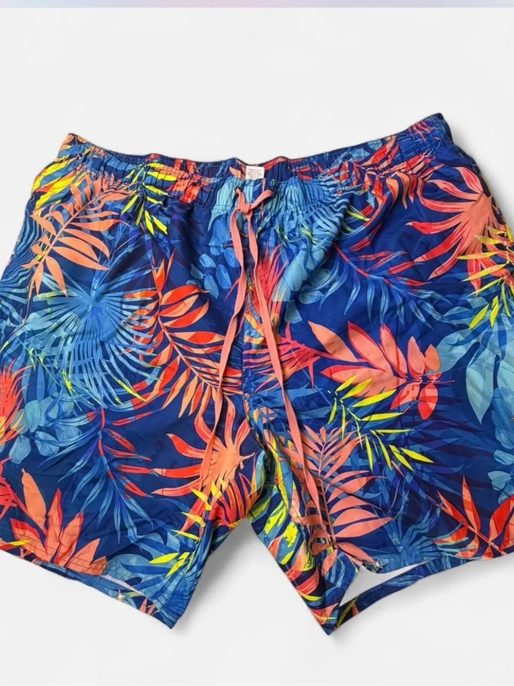 Peyton & Parker Navy Tropical Leaf Print Swim Trunks with Coral Accents
